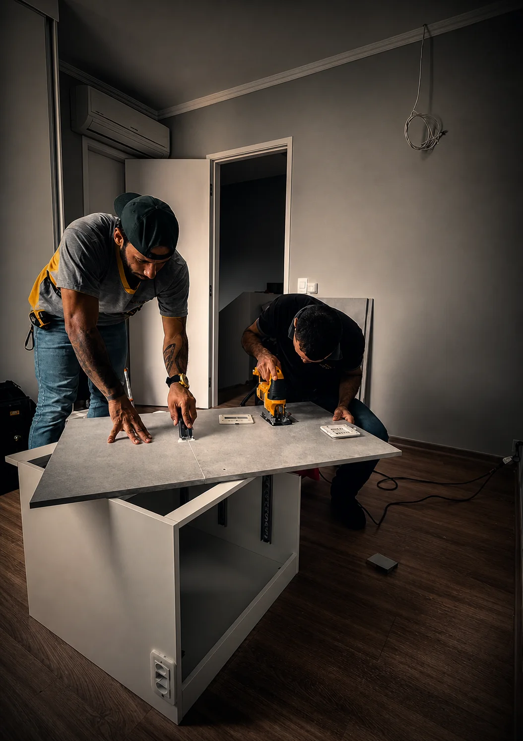 Equipe cortando e ajustando peça de móvel durante manutenção