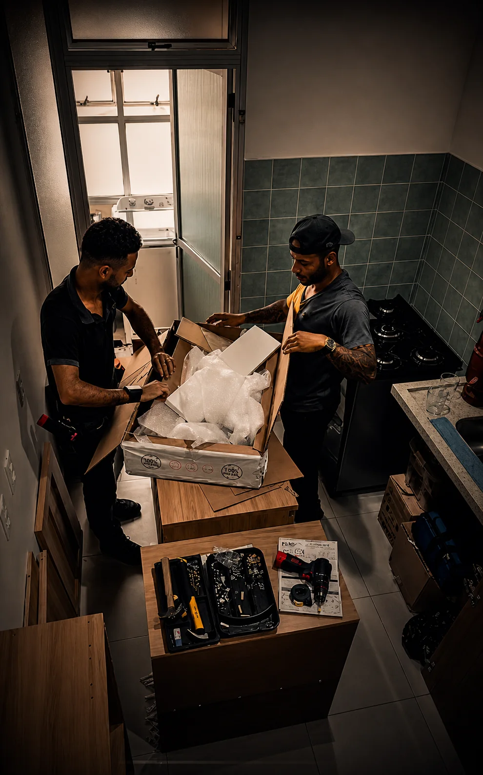 Montadores organizando peças e ferramentas durante um serviço